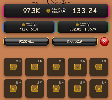 A game UI displaying treasure chests and currency values of 97.3K (Grand Trove) and 133.24, with Major and Minor Trove options showing 43.8K / 61.8 and 802.82 / 1.3579, plus "PICK ALL" and "RANDOM" buttons.