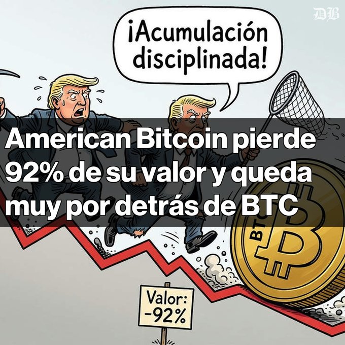A political cartoon showing two caricatures of Donald Trump running down a declining red line graph next to a gold Bitcoin, with Spanish text reading '¡Acumulación disciplinada!' and 'American Bitcoin pierde 92% de su valor y queda muy por detrás de BTC', along with a sign showing 'Valor: -92%'.