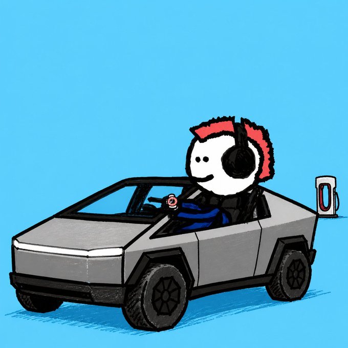 A cartoon illustration depicts a stylized character wearing headphones with a red mohawk driving a silver/gray Tesla Cybertruck-style vehicle against a light blue background, with an EV charging station visible on the right.