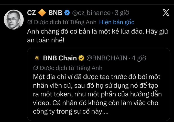 Vietnamese-translated tweet thread where CZ (BNB) warns that 'that guy' is a scammer, responding to BNB Chain's post about a former employee who created a wallet address used to generate a token.