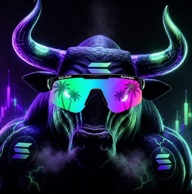 A stylized purple bull wearing neon sunglasses labeled "SOLANA SUMMER," with palm trees reflected in the lenses and a Solana logo visible in the corner.