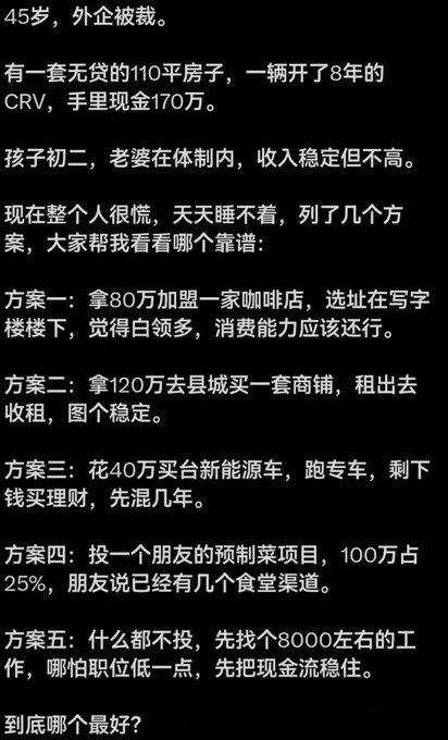 A screenshot of Chinese text detailing a 45-year-old's financial situation after being laid off, listing five different investment plans including opening a coffee shop and buying a commercial property.