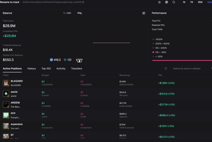 A screenshot of a crypto trading portfolio dashboard shows a total value of $28.9M with notable holdings, including **BLKIZARD** ($1.86K, +$1.86K) and **ANSEM** ($217M, +$217M) among the top active positions, which visually supports the claim that ANSEM is now the top holder of BLKIZARD.