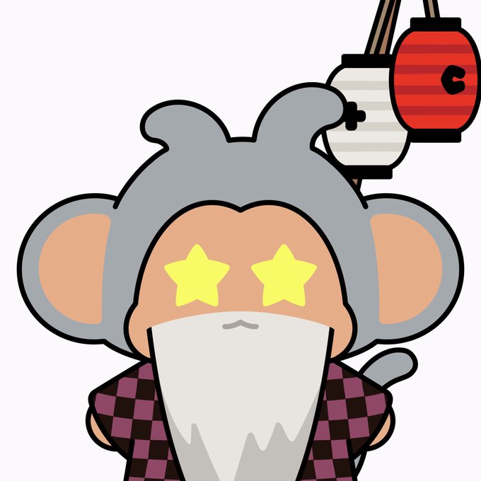 An illustration of a gray cartoon mouse character with star-shaped yellow eyes, wearing a checkered purple and black garment, with two Japanese-style lanterns hanging in the background.