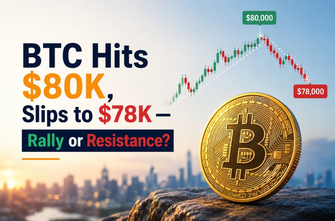 The image features a gold Bitcoin coin on a rocky ledge against a city skyline at sunset, with a price chart highlighting BTC's rise to $80,000 followed by a dip to $78,000. Bold text reads "BTC Hits $80K, Slips to $78K – Rally or Resistance?" which visually reinforces the post's discussion of Bitcoin's brief new high and subsequent pullback, hinting at the tension between bullish liquidity drivers and leveraged resistance.