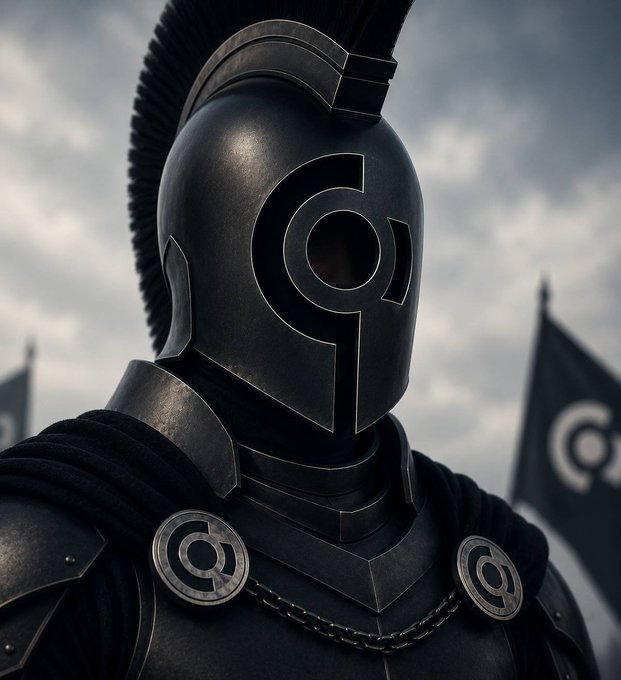A dramatic render of an armored knight wearing a black helmet with a stylized 'C' logo, accompanied by matching banners in the background.