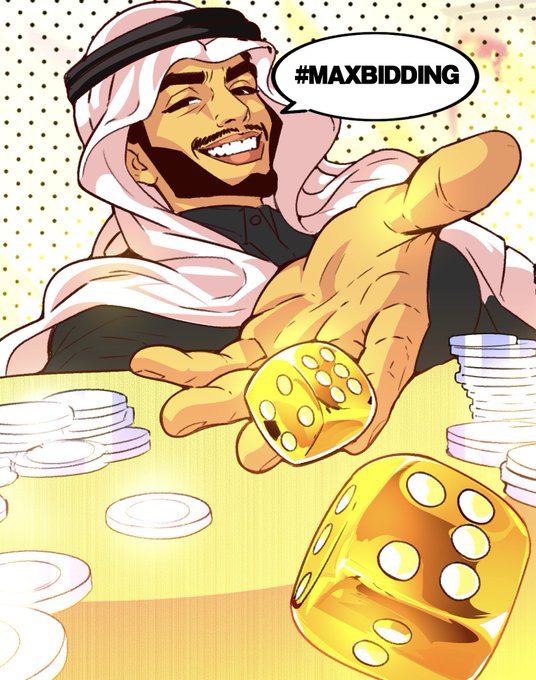Comic-style illustration of a smiling man wearing a traditional Arab headdress (ghutra and agal), holding out his hand to roll a gold die, with a speech bubble containing the hashtag '#MAXBIDDING' and stacks of chips on the table.