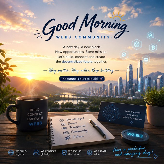 A 'Good Morning Web3 Community' inspirational graphic with a sunrise cityscape, a coffee mug labeled 'BUILD CONNECT EMPOWER WEB3', a notebook with terms like 'Decentralized' and 'Secure', and motivational text about building the decentralized future.
