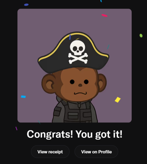 A celebratory digital card features a cartoon monkey wearing a pirate hat with skull and crossbones, captioned "Congrats! You got it!" with buttons to "View receipt" and "View on Profile." The image relates to the post by showing the successful purchase notification of an NFT collectible (referred to as an "Apelet") from the cheap alpha community project.