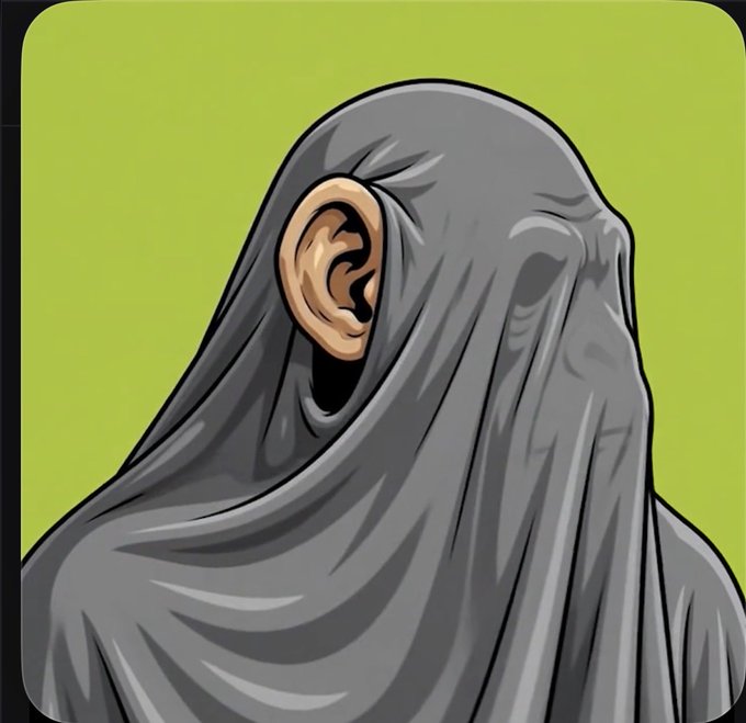 A digital illustration shows a gray, ghostly figure wearing a flowing hooded cloak with a single visible ear and no facial features, set against an olive green background.