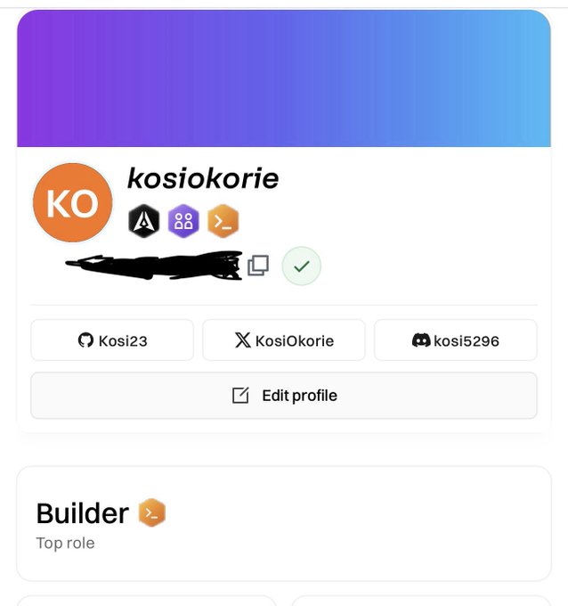 A user profile page for 'kosiokorie' displaying the handle, 'KO' avatar, links to GitHub (Kosi23), X (KosiOkorie), and Discord (kosi5296), with a 'Builder' top role.