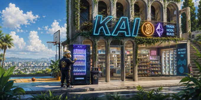 A vibrant digital artwork of a street-level storefront labeled 'KAI' featuring Bitcoin and Ethereum logos with the text 'TRADE HODL BUILD', where a person stands near a vending machine with a cityscape and basketball court in the background.