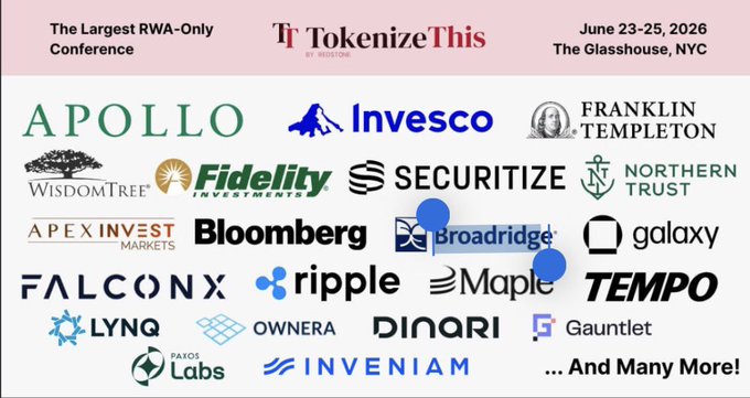 The image features a poster or banner displaying various logos of companies, including Ripple, tokenizeThis, and many more. The text on the poster reads "Ripple is sponsoring TokenizeThis" and "The Largest RWA-Only Conference." This suggests that Ripple is involved in supporting the event by providing their asset tokenization technology to facilitate transactions at the conference.
