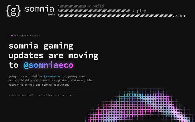 An announcement from Somnia Gaming stating that gaming updates will transition to @SomniaEco, with the account continuing as an archive, displayed on a dark background with pixelated graphics and the text "somnia gaming updates are moving to @SomniaEco."