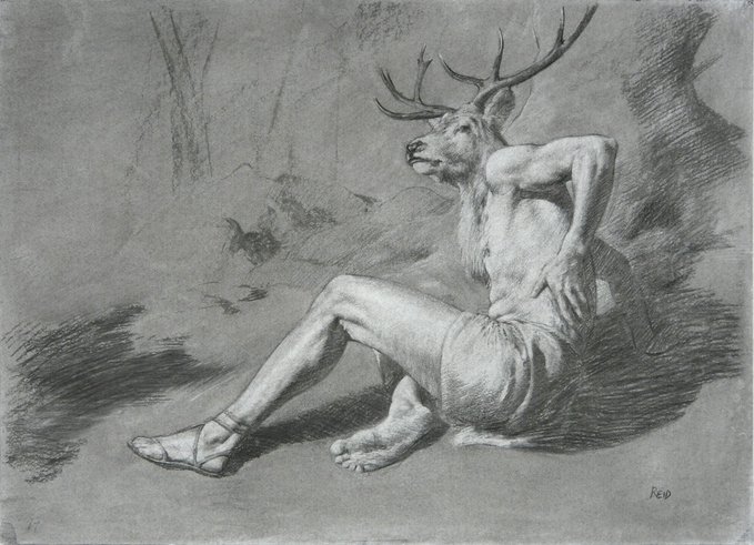 A classical sketch depicts a mythological figure with a deer's head and antlers, a human muscular torso, and human legs wearing sandals, sitting against a rocky backdrop.