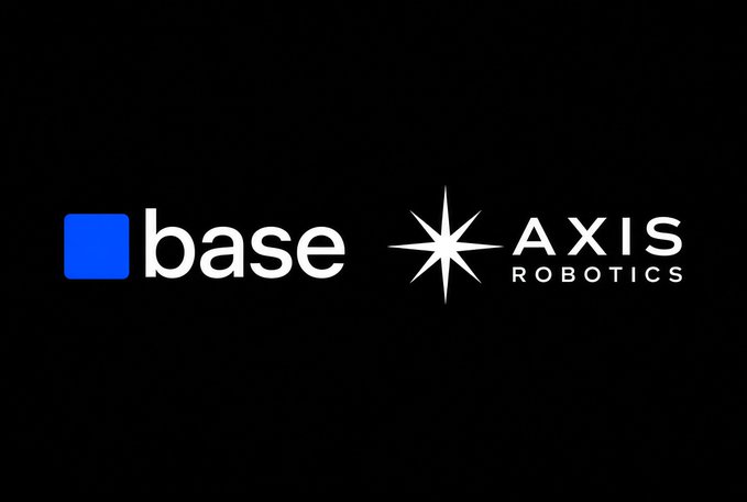 A black background displaying two logos side by side: the blue Coinbase 'base' logo on the left and the white star-shaped 'AXIS ROBOTICS' logo on the right.