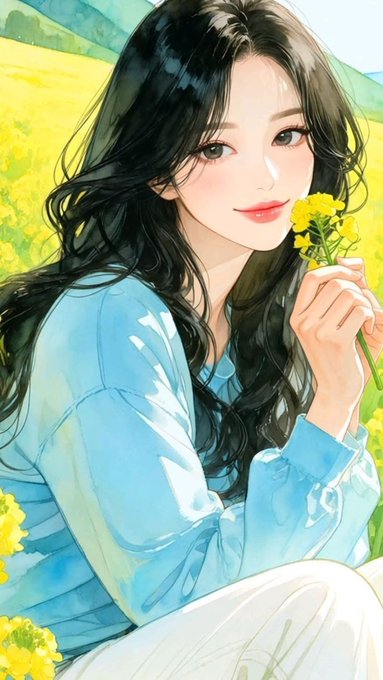 Anime-style digital illustration of a young woman with long dark wavy hair wearing a blue shirt, holding yellow flowers in a field setting.
