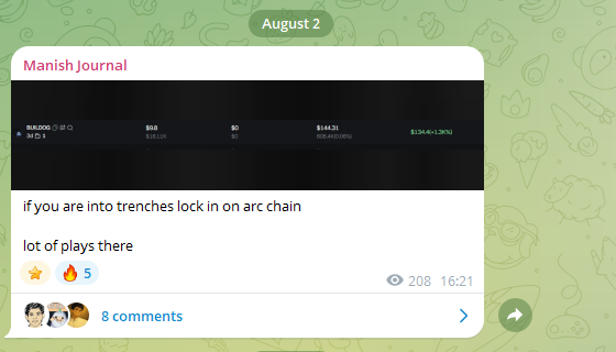 A screenshot of a 'Manish Journal' post dated August 2 displaying crypto market data, with the message 'if you are into trenches lock on arc chain, lot of plays there' and 8 comments.