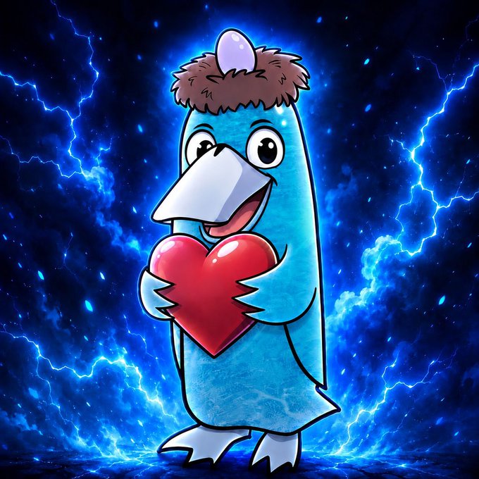 A cartoon blue penguin-like creature with brown hair holding a red heart against a dramatic blue background with lightning effects.