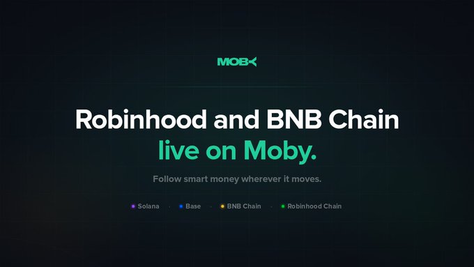 The image announces that "Robinhood and BNB Chain" are live on "Moby," with the tagline "Follow smart money wherever it moves." This aligns with the post's message about tracking smart money, as Moby is the platform that now offers this functionality on Robinhood Chain.