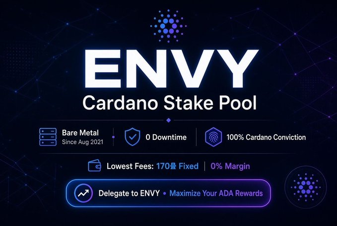 A promotional graphic for 'ENVY Cardano Stake Pool' advertising bare metal servers, 0 downtime, 100% Cardano conviction, and lowest fees of 170₳ fixed.