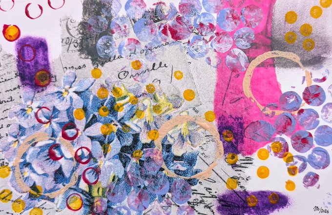 An abstract mixed-media painting combining floral patterns, handwritten French script, and watercolor washes in shades of pink, purple, blue, and yellow with circular accents, signed 'MIB 2026'.