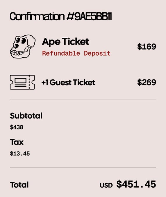 An order confirmation (#9AE5BB11) showing purchases of an Ape Ticket ($169) and +1 Guest Ticket ($269), with a subtotal of $438, tax of $13.45, and a total of USD $451.45.