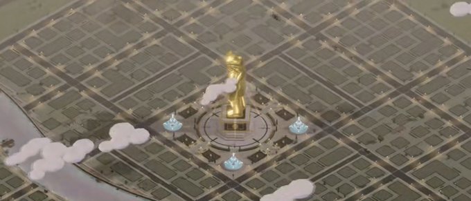 An aerial, stylized view shows a golden statue at the center of a large patterned plaza, surrounded by small fountains and animated-looking clouds.