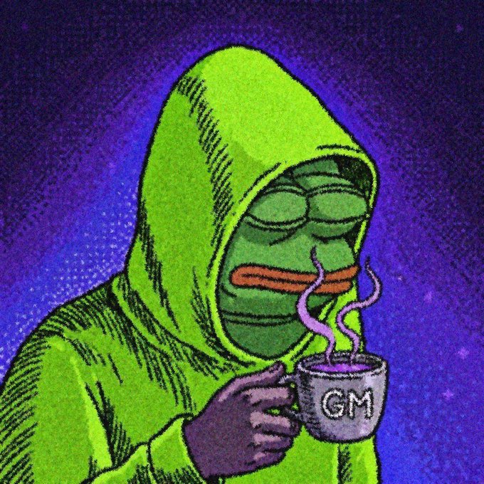 A hooded green Pepe-style frog character sips from a steaming mug labeled "GM" against a purple starry backdrop, fitting the post's request for a "GM" (good morning) greeting.