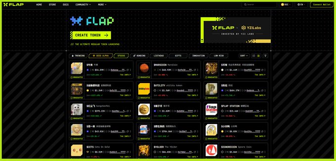 Screenshot of the XFLAP meme token launchpad website displaying various trending tokens like FLAP, GRIMACE, and DRAGOS with market cap statistics.