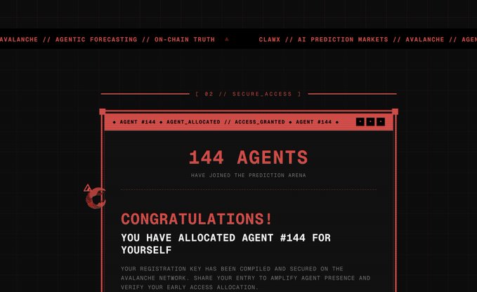 A dark-themed digital interface displays a congratulations message for "AGENT #144" joining a prediction arena, noting "144 AGENTS HAVE JOINED THE PREDICTION ARENA" with instructions for sharing the registration key secured on the Avalanche network. The image relates to the post by showcasing the Avax-based ClawXLabs AI prediction market airdrop registration confirmation, emphasizing the platform's on-chain verification system for early participants.