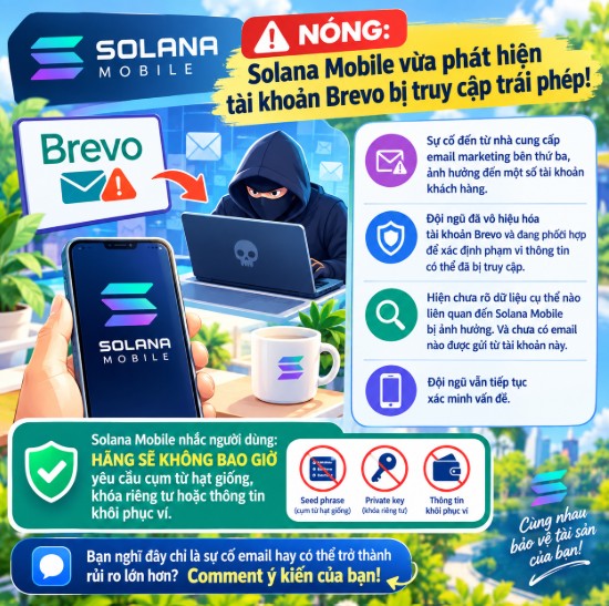 A Vietnamese-language security advisory graphic titled 'NÓNG: Solana Mobile vừa phát hiện tài khoản Brevo bị truy cập trái phép!' featuring a hooded hacker and warnings about phishing and stolen credentials.