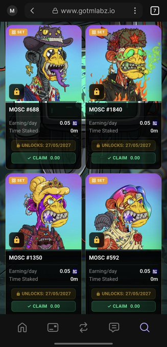 The image shows an app screen displaying four different posts about Mutants, with each post featuring a unique character or creature. The first post features a character named "MOSC" wearing a cowboy hat and holding a gun. The second post showcases another character called "MUSC" dressed in a fedora and carrying a sword. The third post displays a character named "MUSC" with a backpack, while the fourth post shows a character named "MUSC" with a backpack and a gun.

The app screen also includes information about Mutants being staked for $BASC and how to claim them by staking them. There are two posts that talk about earning Mutants through staking, one of which is titled "Swept 4 Mutants staked them all and secured 2 free Mutants from the event. Getting those 2 free ones was a straight banger Now the stack keeps growing while earning $BASC through staking."