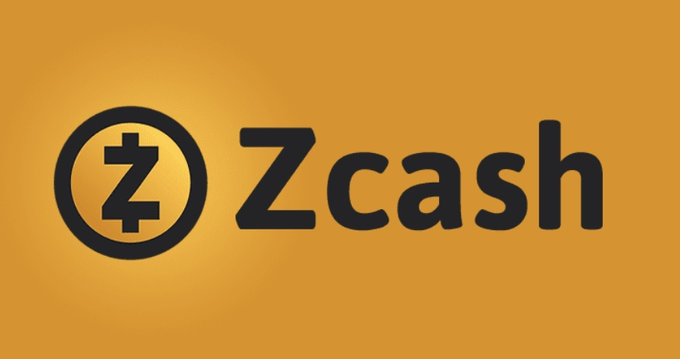The official logo for 'Zcash' is displayed, featuring a black circle with a stylized 'Z' symbol next to the word 'Zcash' on an orange background.