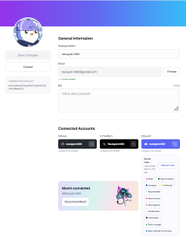 A user profile page on a website showing general information fields and connected accounts, including a Wallet connection and a decentralized exchange section.