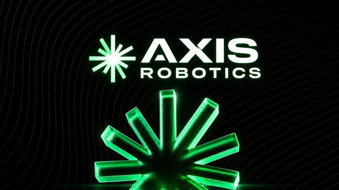 The image features the "AXIS ROBOTICS" logo in white text alongside a green starburst symbol, set against a black background with radiating green light effects and a 3D geometric starburst structure below. The branding visually reinforces the post's message about Axis Robotics being a company focused on the precision required for Physical AI, where high-quality training data is critical to preventing costly hardware failures in real-world robotics applications.
