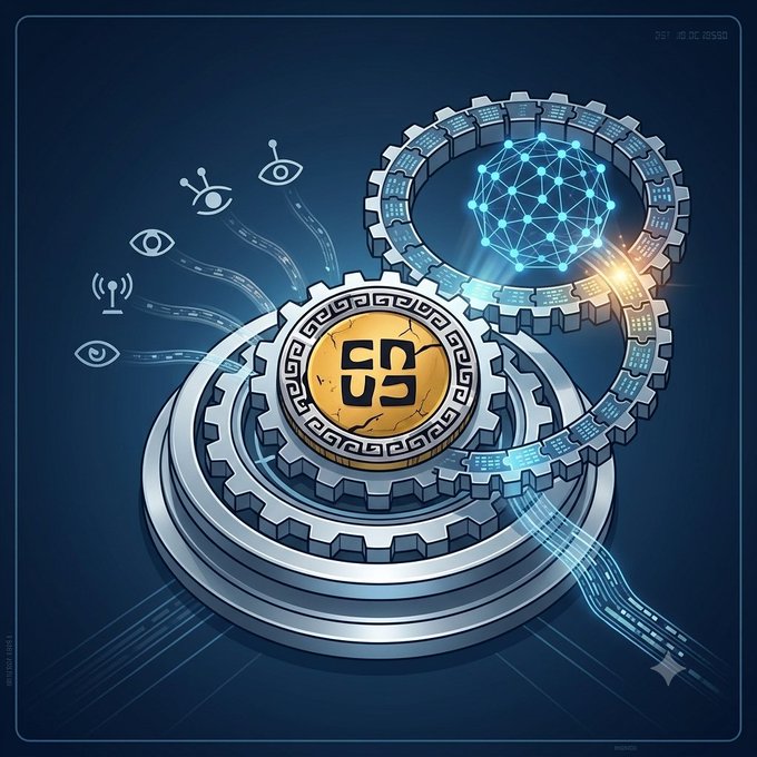 A digital illustration showing interconnected gears and a golden coin with a symbol, alongside glowing blue network nodes and icons of eyes and an antenna.