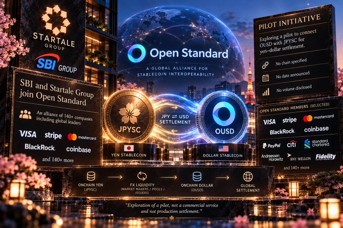 Infographic about 'Open Standard: A Global Alliance for Stablecoin Interoperability' featuring SBI and Startale Group joining with companies like Visa, Stripe, Mastercard, BlackRock, and Coinbase to pilot JPY to USD settlement using JPYSC and OUSD stablecoins.