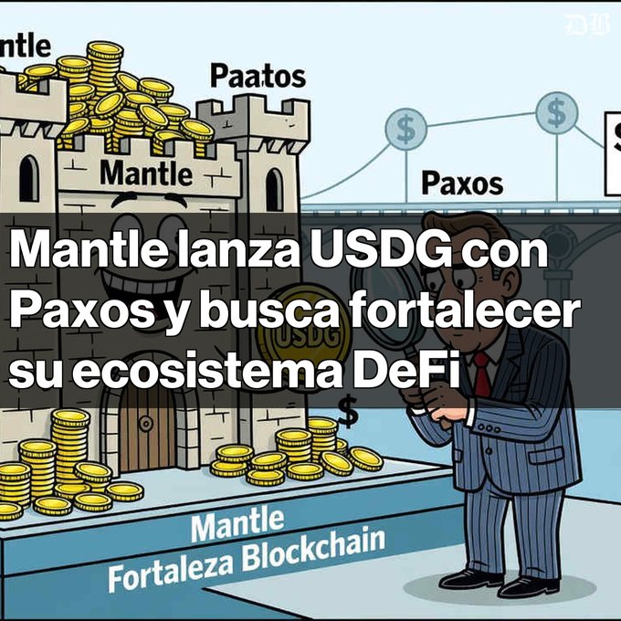 A cartoon-style graphic showing a man in a suit examining a magnifying glass with 'USDG' next to castles labeled 'Mantle' and 'Paxos', with text reading 'Mantle lanza USDG con Paxos y busca fortalecer su ecosistema DeFi'.