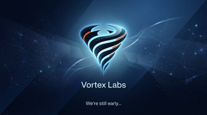 A digital graphic for 'Vortex Labs' showing a stylized blue and orange tornado logo against a network background, with the tagline 'We're still early...'
