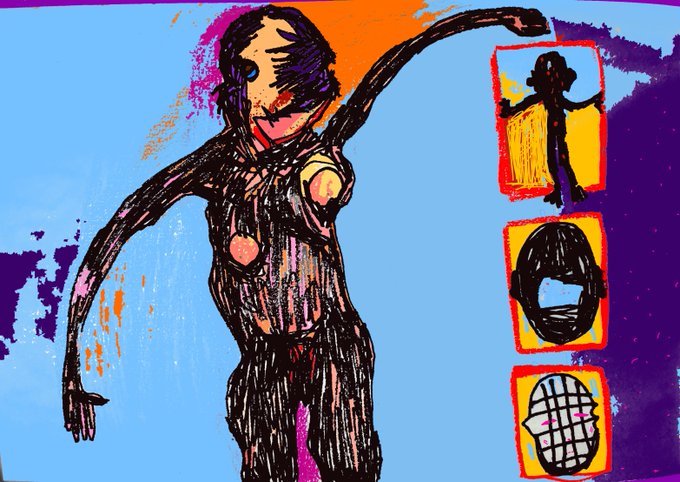 A colorful, sketchy digital illustration of a figure with an outstretched arm against a blue and orange background, with three small yellow-framed icons on the right side.