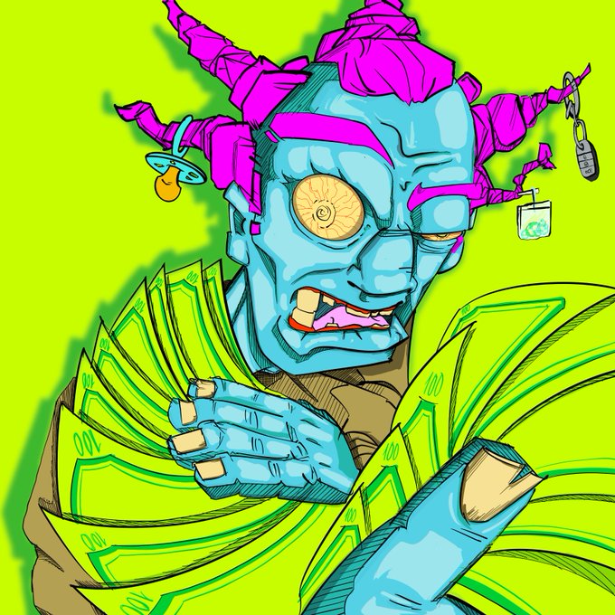 Vibrant cartoon artwork of a blue-skinned, cyclops-like character with pink horn-like protrusions holding stacks of green banknotes, set on a bright lime green background.