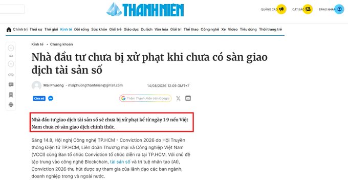 A screenshot of a Thanh Niên news article dated 14/08/2026 titled "Nhà đầu tư chưa bị xử phạt khi chưa có sàn giao dịch tài sản số," with a red-boxed subheading stating that digital asset investors won't face penalties starting September 1 if Vietnam lacks official trading platforms, supporting the post's claim about a major regulatory shift for digital assets in Vietnam.