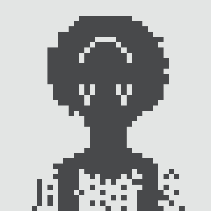 A dark pixel art portrait of a person with glasses, featuring a QR code pattern on their chest.