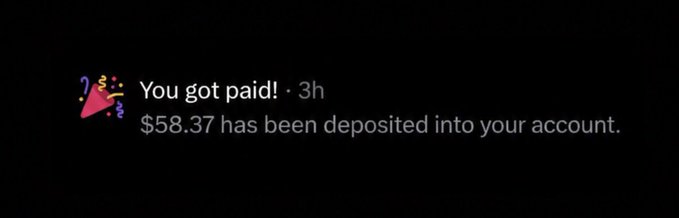 A black-screen notification from a payments app featuring a party popper emoji, reading 'You got paid! · 3h' and '$58.37 has been deposited into your account.'