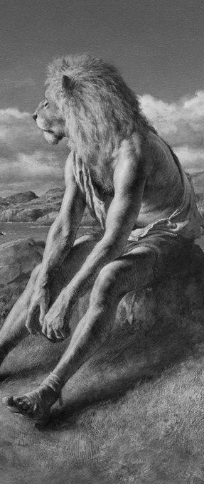 A black and white artistic illustration depicting a mythical creature with a human muscular body and a lion's head and mane, sitting contemplatively on a rocky outcrop in a mountainous landscape.