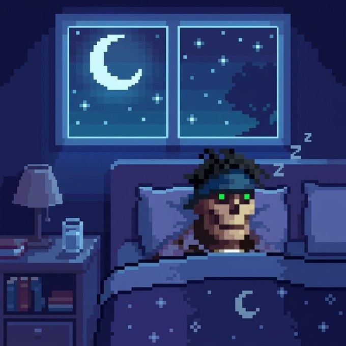A pixel art illustration of a person with green eyes sleeping in bed at night, with 'Z's indicating sleep. A window shows a crescent moon and stars, and a nightstand holds a lamp, a glass of water, and books.