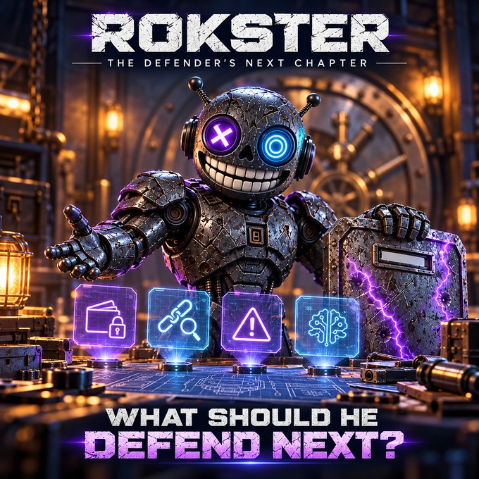 A promotional graphic for 'ROKSTER - THE DEFENDER'S NEXT CHAPTER' featuring a metallic robot character with purple neon eyes in a steampunk setting, asking 'WHAT SHOULD HE DEFEND NEXT?' with icons for security, search, warning, and AI.