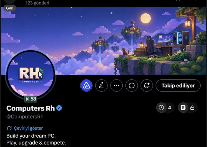 A Twitter/X profile page for 'Computers Rh' (@ComputersRh) featuring a pixel-art banner of a person at a computer on a cliffside, with the bio 'Build your dream PC. Play, upgrade & compete.'