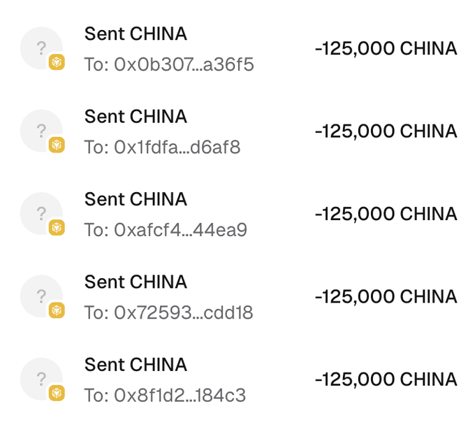 The image shows a transaction history with five consecutive "Sent CHINA" entries of -125,000 CHINA each to different addresses (0x0b307...a36f5, 0x1fdfa...d6af8, 0xafcf4...44ea9, 0x72593...cdd18, and 0x8f1d2...184c3).

This image serves as "proof" in a classic crypto giveaway/airdrop scam, where scammers falsely claim to be distributing 125,000 $CHINA tokens while instructing victims to complete engagement tasks (follow, like, repost, reply with BNB address) to steal their funds.